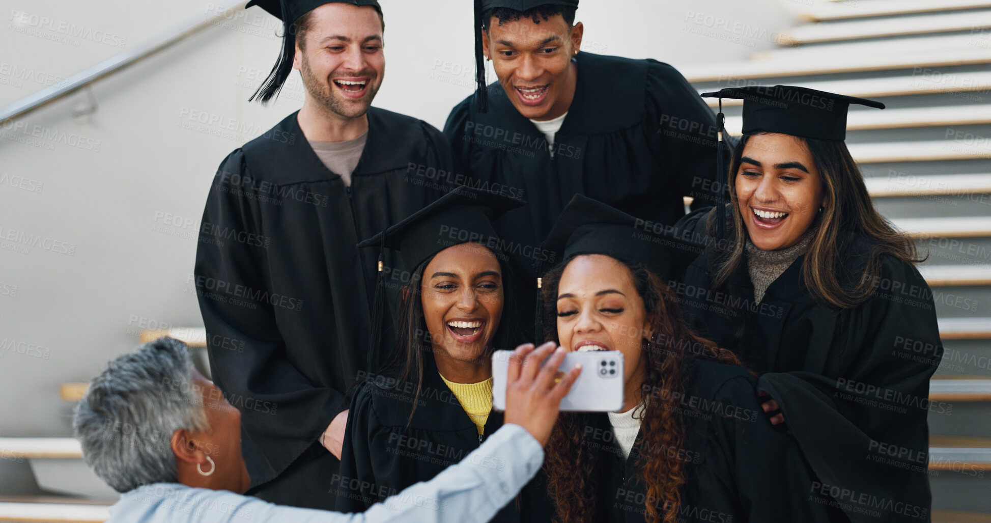 Buy stock photo College, students and group video call on graduation for congratulations, education support and celebration. Diversity people, university ceremony or conversation with pride and achievement on campus