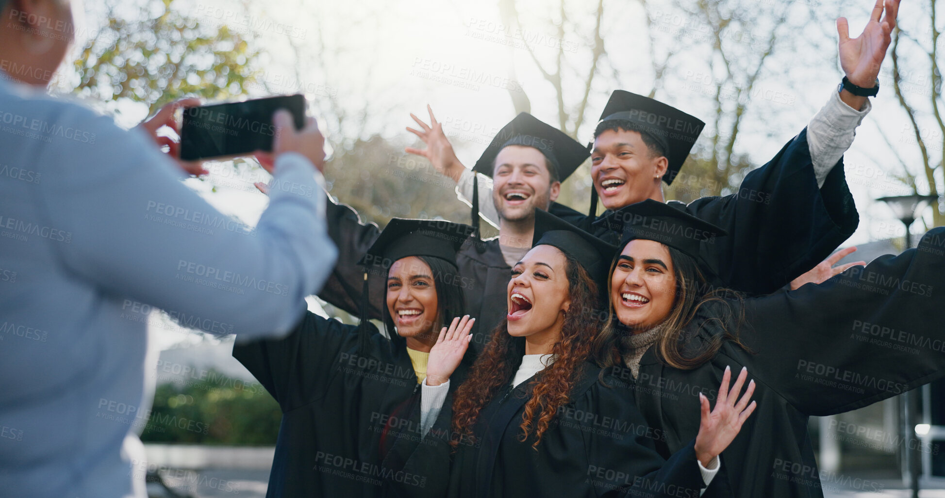 Buy stock photo Friends, graduation or celebrate on campus for photography, fun or happy for achievement. Students, class or excited outdoors for event, academic success or taking picture for yearbook or local news