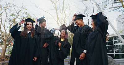 Buy stock photo People, graduation class and outdoor portrait for education, learning and group for success. Students, university institute and celebration for college achievement, support and hats for certification