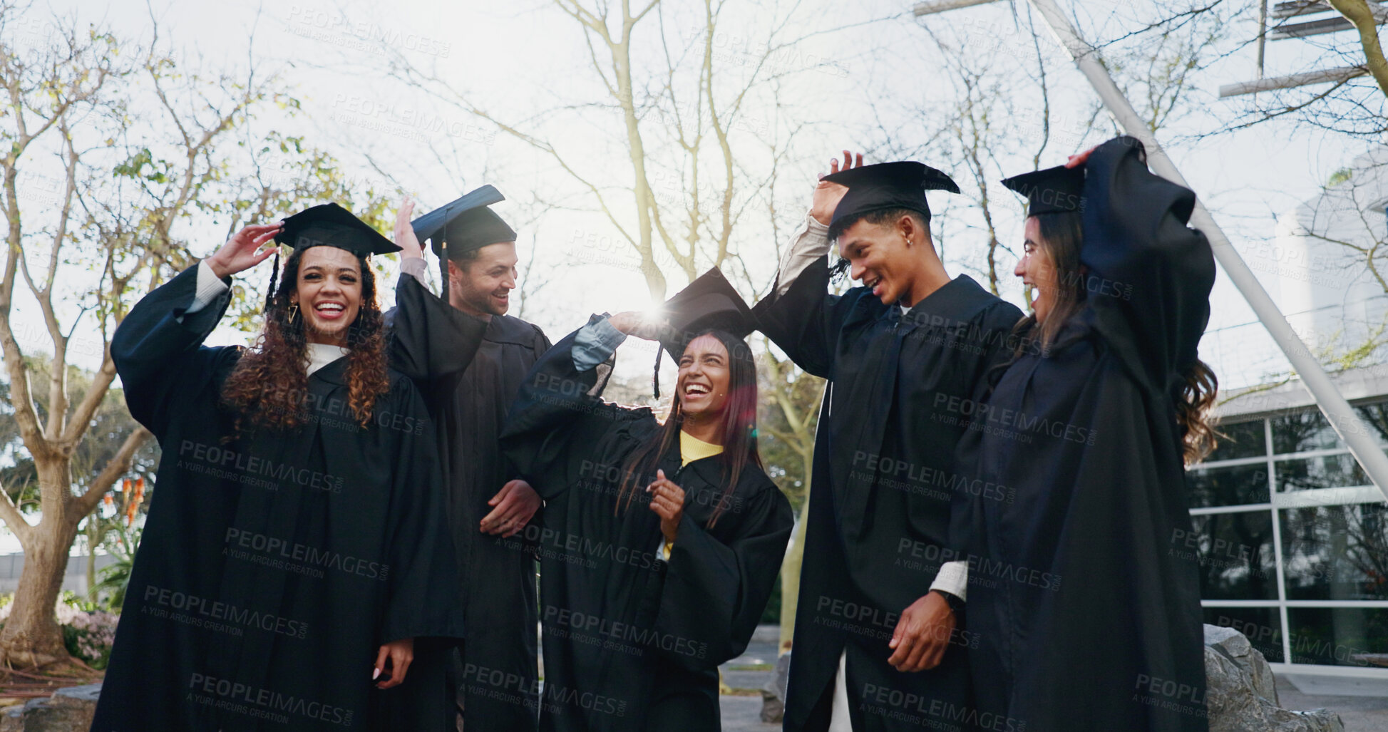 Buy stock photo People, graduation class and outdoor portrait for education, learning and group for success. Students, university institute and celebration for college achievement, support and hats for certification