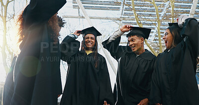 Buy stock photo Class, graduation and outdoor for celebration, learning and group for education success. Students, university and ready to throw hats for college achievement, support and together for certification