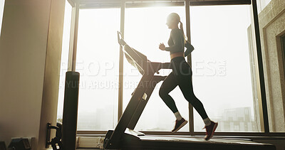 Buy stock photo Fitness, woman and running on treadmill at gym for cardio exercise, workout and training performance. Active, female person and machine for morning routine, endurance and speed challenge of wellness