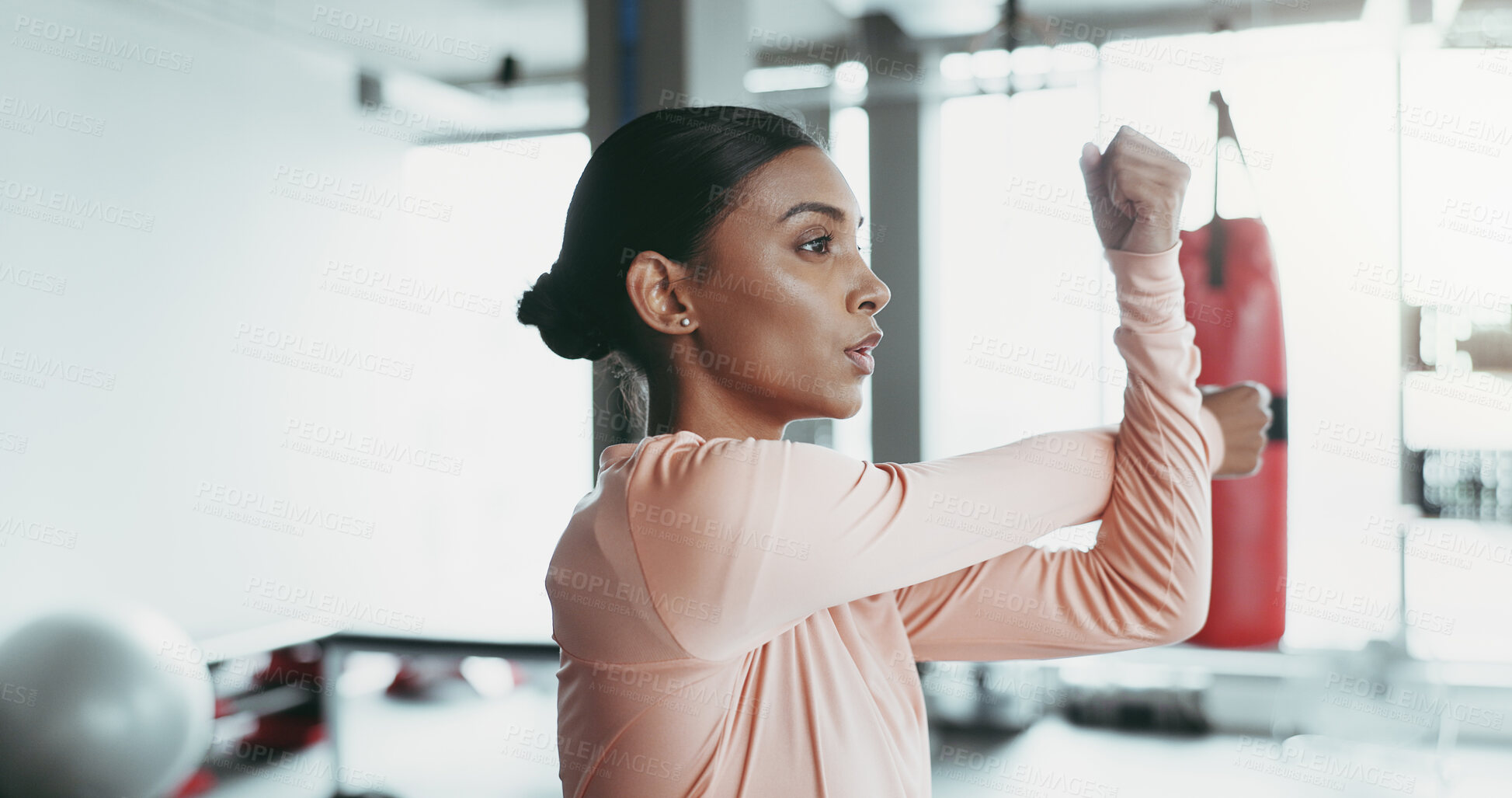 Buy stock photo Stretching, woman and fitness for health at gym with muscle warm up, exercise and workout ready of cardio training. Active, female person and morning routine, performance goals and sports club