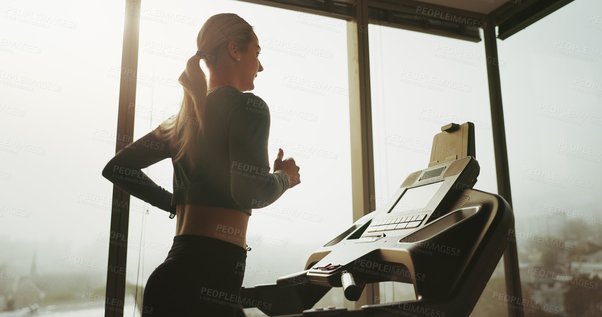 Buy stock photo Woman, active and running on treadmill at gym for cardio exercise, workout and training performance. Fitness, female person and machine for morning routine, endurance or speed challenge of resilience