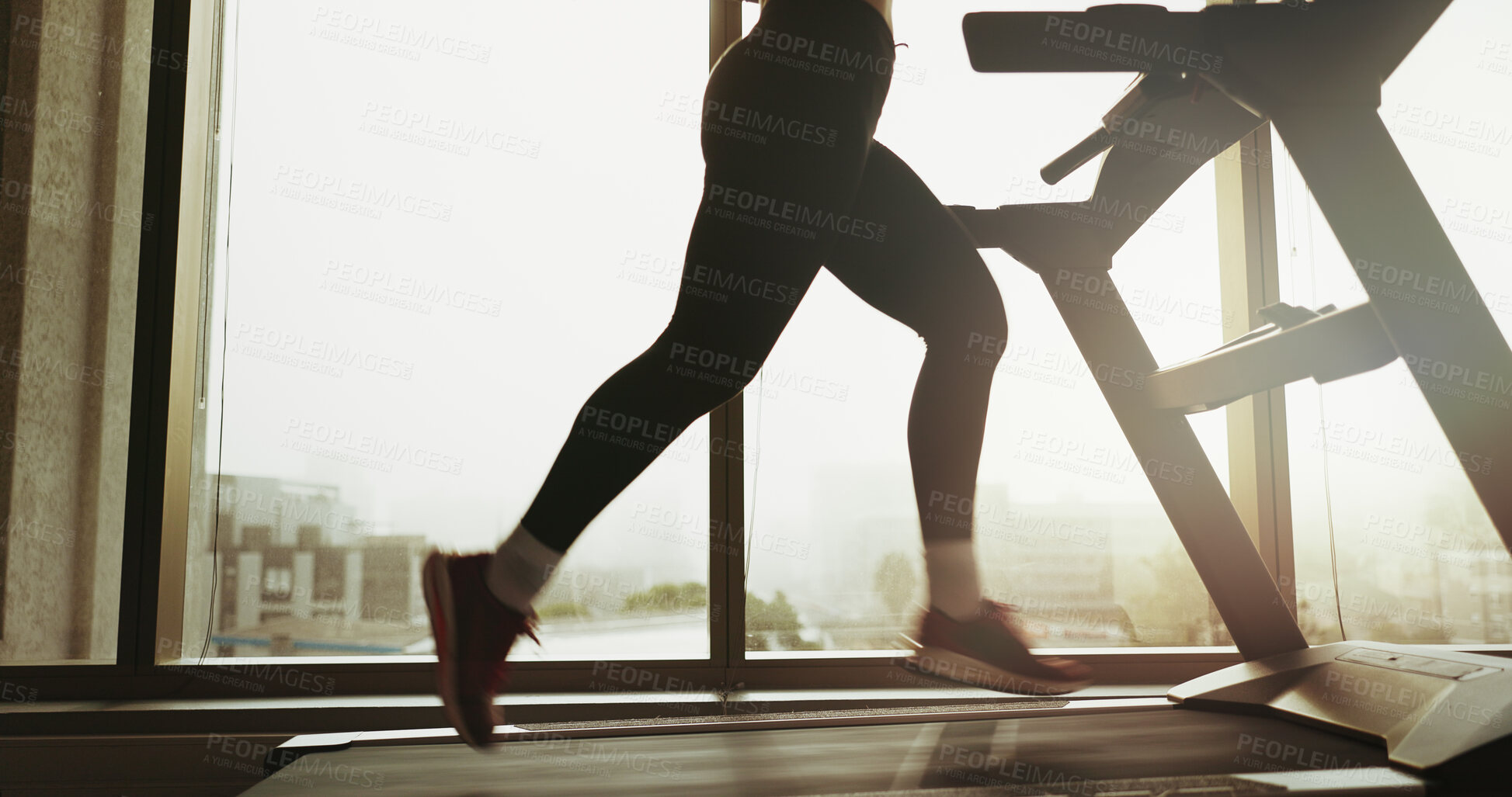 Buy stock photo Legs, woman and running on treadmill at gym for cardio exercise, workout and training performance. Active, person and machine for morning routine, endurance or speed challenge of fitness resilience