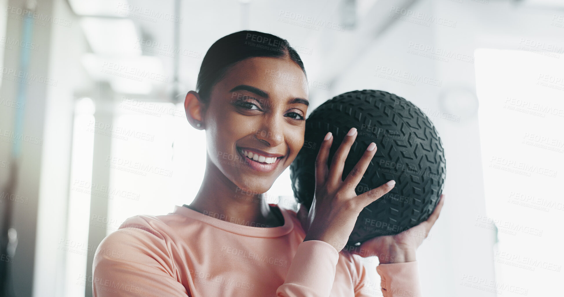 Buy stock photo Portrait, woman and medicine ball for fitness at gym with wellness exercise, strong muscle and training performance. Female person, gear and cardio workout for sports progress, resilience and health