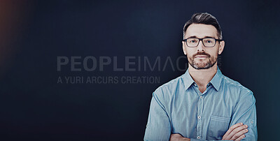 Buy stock photo Businessman, portrait and arms crossed in dark studio with employee isolated on blue background. Director, manager and about us for company advertising or marketing with confidence in glasses.