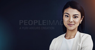 Buy stock photo Asian, businesswoman and smile in portrait with arms crossed for confidence in career as accountant. Happy, female person or financial broker for pride, ambition and vision with dark background