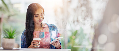 Buy stock photo Indian woman, cafe and texting on smartphone with coffee on break, social media and networking as university student. Female person, internet and website for online or class enrollment with elearning