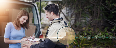 Buy stock photo Shot of a delivery man making a delivery to a customer at her home