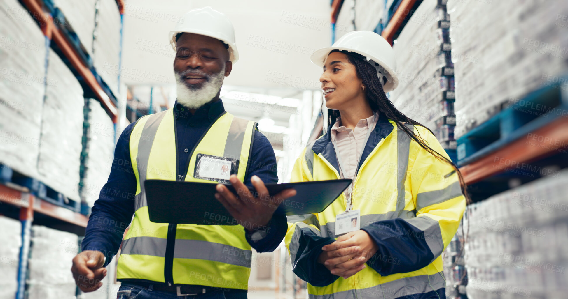 Buy stock photo Clipboard, discussion and walking with team in storage depot for supply chain management. Conversation, logistics and planning with happy people in warehouse for manufacturing, retail or shipping