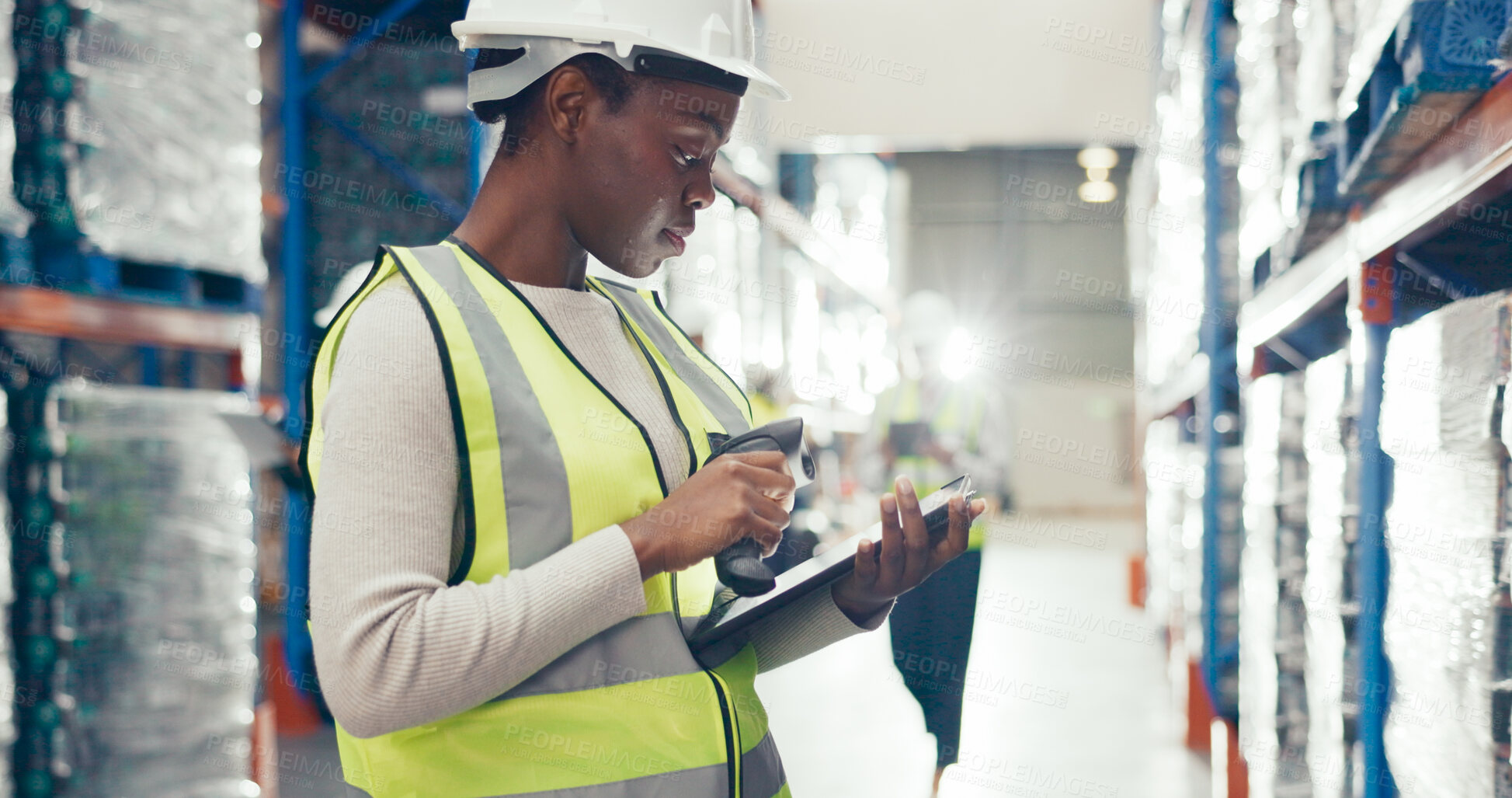 Buy stock photo Woman, scanner and tablet in warehouse for stock management, supply chain inspection or inventory checklist. Logistics, plan and supervisor with check for shipping order, quality control or courier