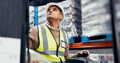 Buy stock photo Man, forklift and warehouse for logistics, inventory and supply chain with distribution, stock and pallet. Employee, machine and manufacturing industry for delivery, storage and freight with shipping