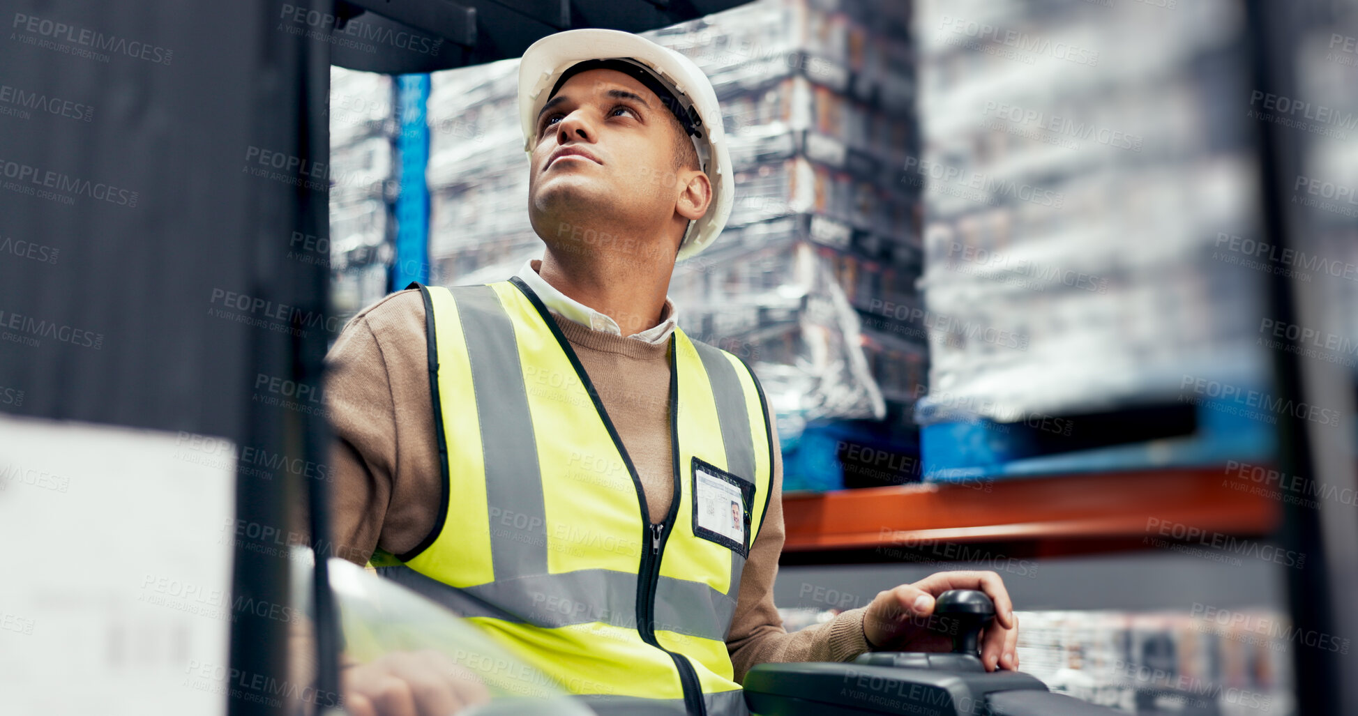 Buy stock photo Man, forklift and warehouse for logistics, inventory and supply chain with distribution, stock and pallet. Employee, machine and manufacturing industry for delivery, storage and freight with shipping