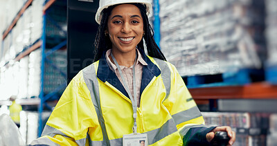 Buy stock photo African woman, forklift and portrait for logistics, distribution and supply chain with inventory or stock. Employee, machine and warehouse industry for delivery, storage and freight with shipping