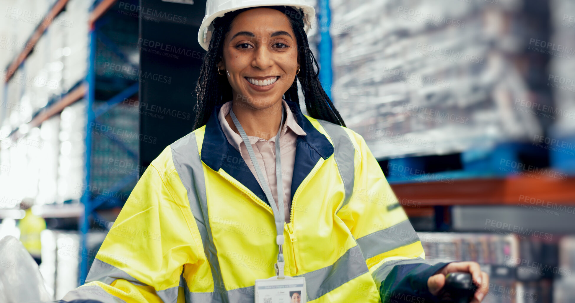 Buy stock photo African woman, forklift and portrait for logistics, distribution and supply chain with inventory or stock. Employee, machine and warehouse industry for delivery, storage and freight with shipping