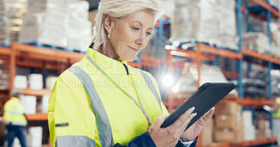 Buy stock photo Warehouse, mature woman and tablet in inspection on logistic, quality control or stock management. Engineer, tech and maintenance in freight, supply chain or factory at shipping company as supervisor