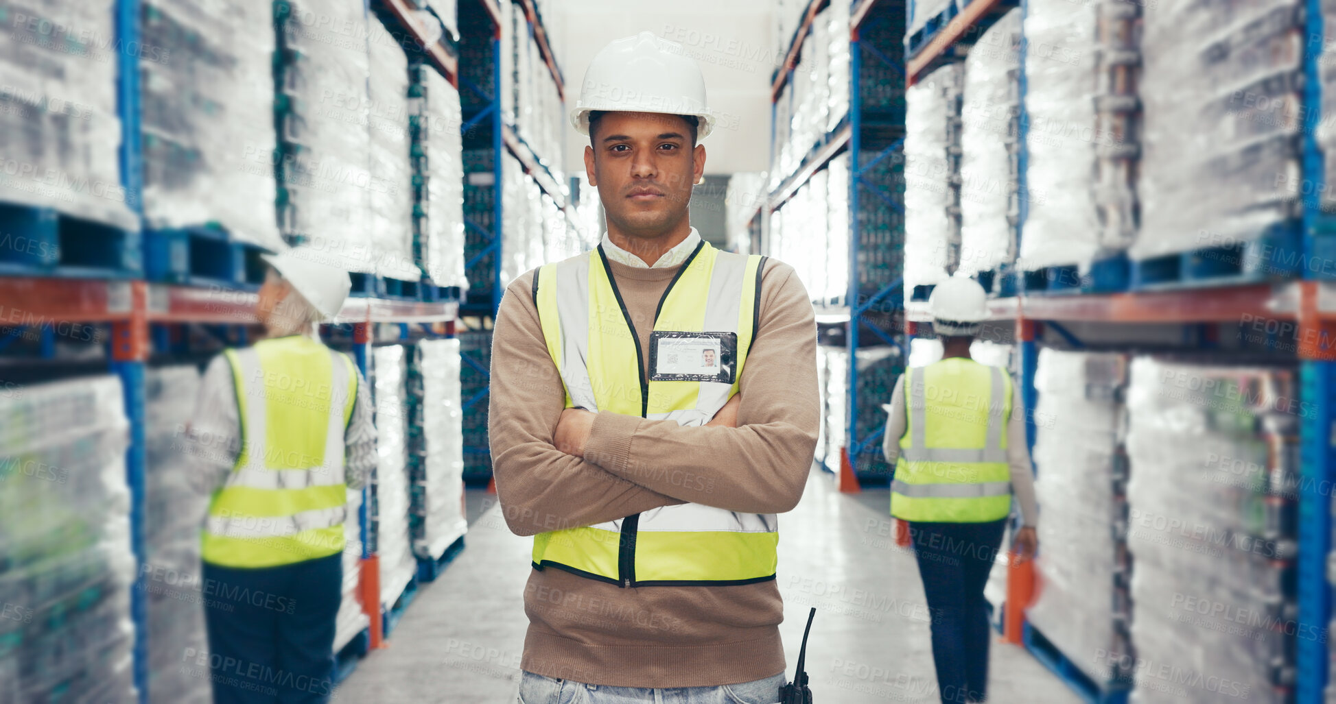 Buy stock photo Logistics, man and confident in warehouse for portrait, wholesale and distribution. Inspector, arms crossed and pride in storage facility for quality assurance, export and shipping in supply chain