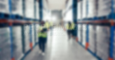 Buy stock photo Blur, warehouse and employee with logistics, distribution and supply chain with storage facility. People, inspection and coworkers with quality control, industry and manufacturing with packaging