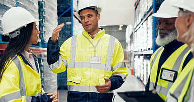 Buy stock photo Collaboration, planning and quality control with people in storage depot for supply chain management. Discussion, industry and logistics with team in warehouse for manufacturing, retail or shipping