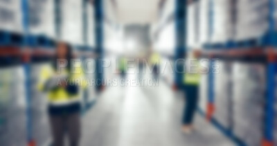 Buy stock photo Blur, warehouse and employee with logistics, inspection and supply chain with storage facility. People, shipping and coworkers with distribution, stock and manufacturing with packaging or production 