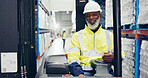 Black man, forklift and portrait for logistics, distribution and supply chain with inventory, stock and pallet. Manager, machine and warehouse industry for delivery, storage and freight with shipping