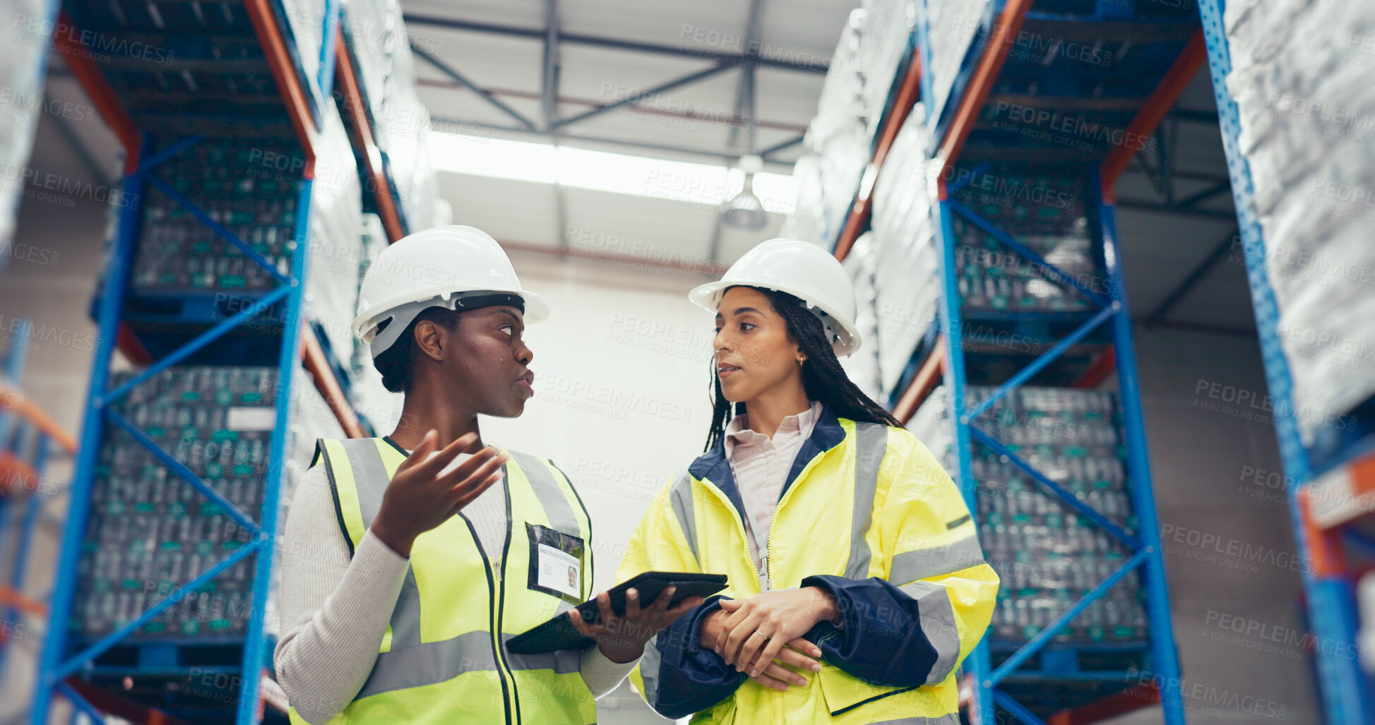 Buy stock photo Teamwork, tablet and supply chain with people in warehouse for inventory, logistics or shipping. Export, delivery or cargo with digital checklist for customs compliance in distribution management