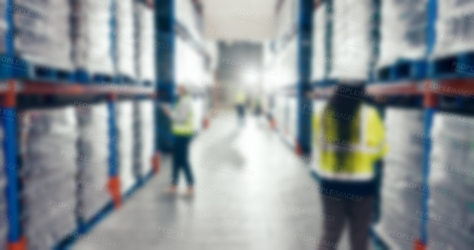 Buy stock photo Blur, distribution and employee with logistics, stock and supply chain with storage facility. People, inspection and coworkers with industry, warehouse and manufacturing with packaging or production 