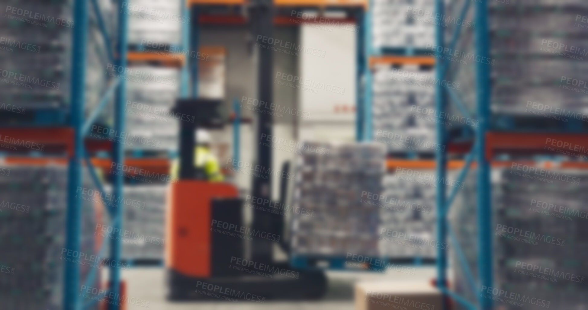 Buy stock photo Blur, forklift and warehouse for logistics, distribution and supply chain with inventory, stock and pallet. Employee, machine and manufacturing industry for delivery, storage or freight with shipping