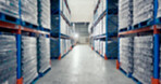 Warehouse, hallway and storage with supply chain, packing and blur for inventory, shipping or distribution. Shelves, logistics and export or import business for quality control, cargo and goods