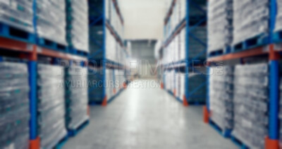 Buy stock photo Warehouse, hallway and storage with supply chain, packing and blur for inventory, shipping or distribution. Shelves, logistics and export or import business for quality control, cargo and goods