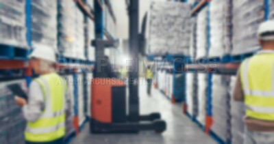 Buy stock photo Blur, warehouse or employee with distribution, industry or supply chain with storage facility. People, inspection or coworkers with logistics, stock or manufacturing with packaging or quality control