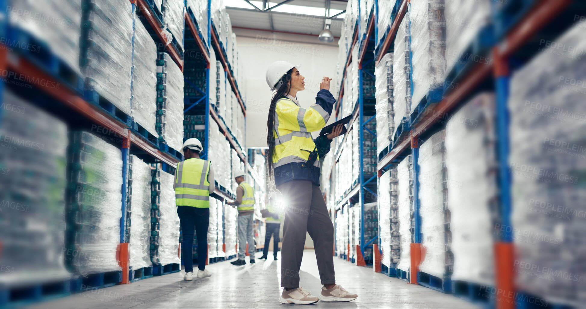 Buy stock photo Woman, thinking and tablet in warehouse for stock management, supply chain inspection or inventory checklist. Logistics, plan and supervisor with check for shipping order, quality control or courier