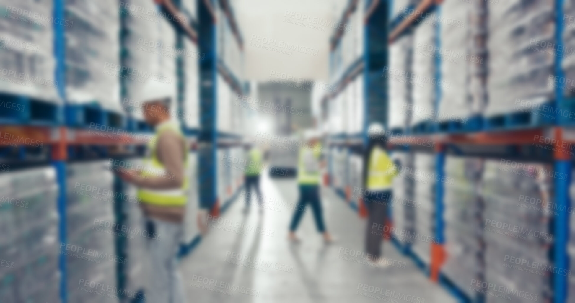 Buy stock photo Shipping, warehouse and blur of people with shelf for distribution, supply chain and delivery. Factory, commerce and men and women with packages for logistics, manufacturing and supplier production