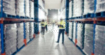 Buy stock photo Blur, warehouse and employee with inspection, supply chain and production with storage facility. People, stock and coworkers with distribution, industry and manufacturing with packaging or logistics