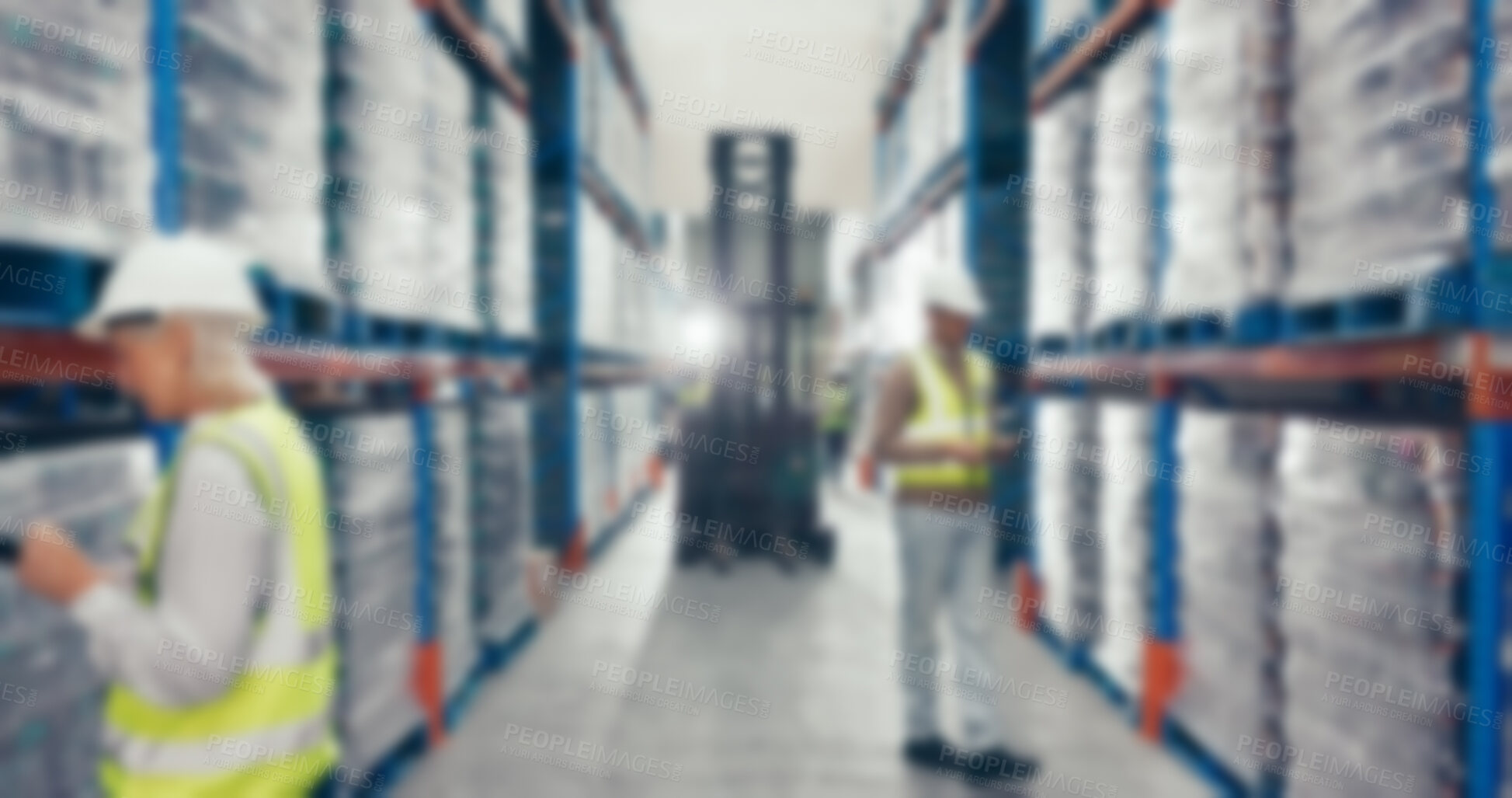 Buy stock photo Blur, warehouse and employee with logistics, cargo and supply chain with storage facility. People, inspection and coworkers with distribution, teamwork and manufacturing with packaging or industry