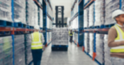 Buy stock photo Forklift, warehouse and blur with supply chain, storage and people for inventory, shipping or distribution. Workers, machinery and export or import business for quality control, lifting and goods