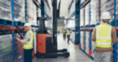 Buy stock photo Blur, warehouse and employee with logistics, forklift or supply chain with storage facility. People, inspection or stock with distribution, industry or manufacturing with packaging or quality control