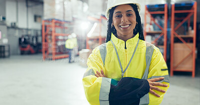 Buy stock photo Logistics, portrait and arms crossed with woman in warehouse for distribution, freight or supply chain. Export, delivery and storage with wholesale for customs compliance in inventory management