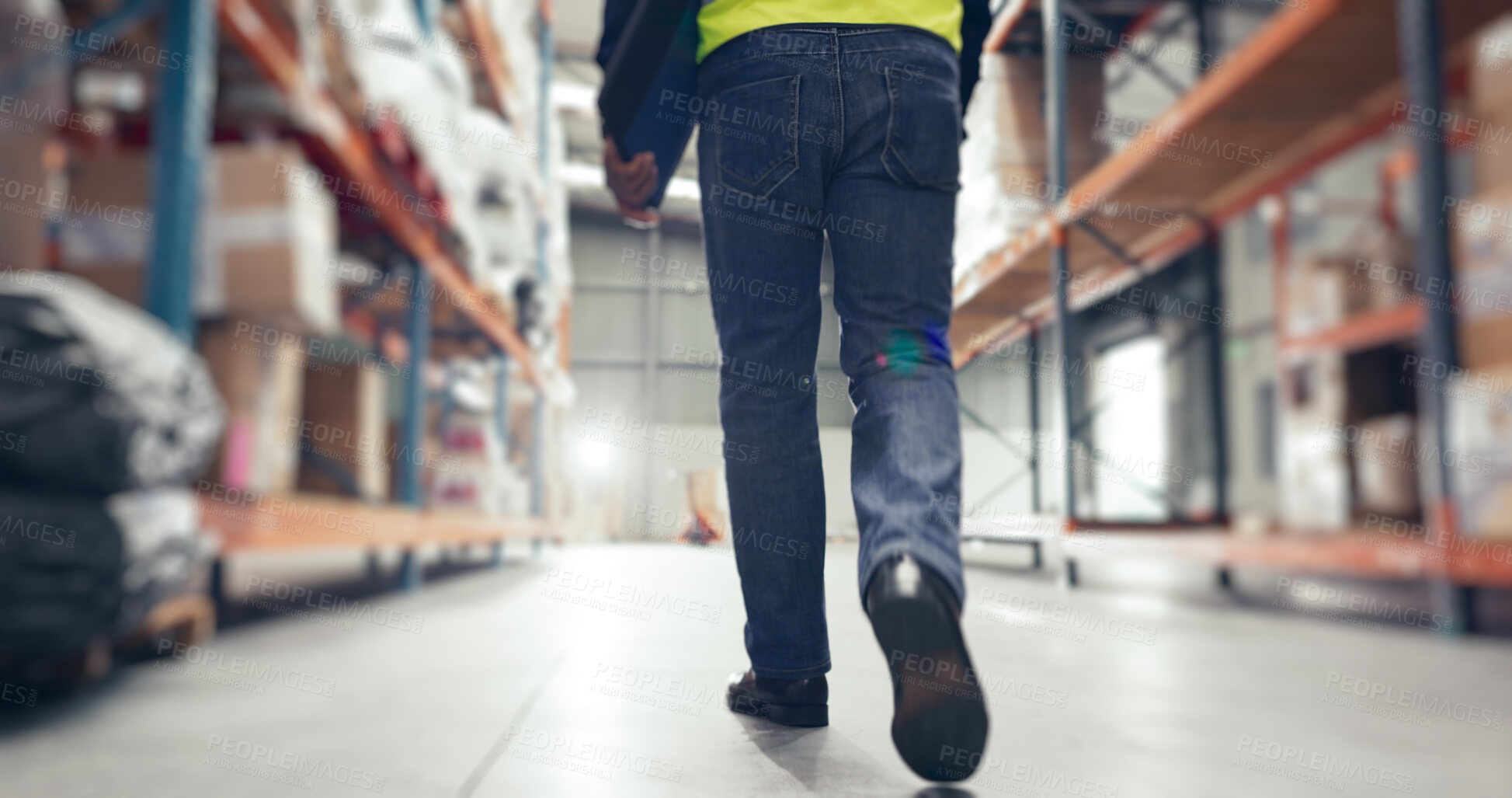 Buy stock photo Walking, warehouse and legs of supply chain worker with quality assurance, stock control or inspection duty. Ecommerce, industry and distribution manager in logistics factory for export or delivery.