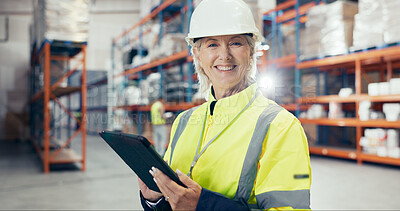 Buy stock photo Warehouse, mature woman and tablet in portrait for logistics, quality control or stock management. Engineer, tech and maintenance in freight, supply chain or factory at shipping company in Australia