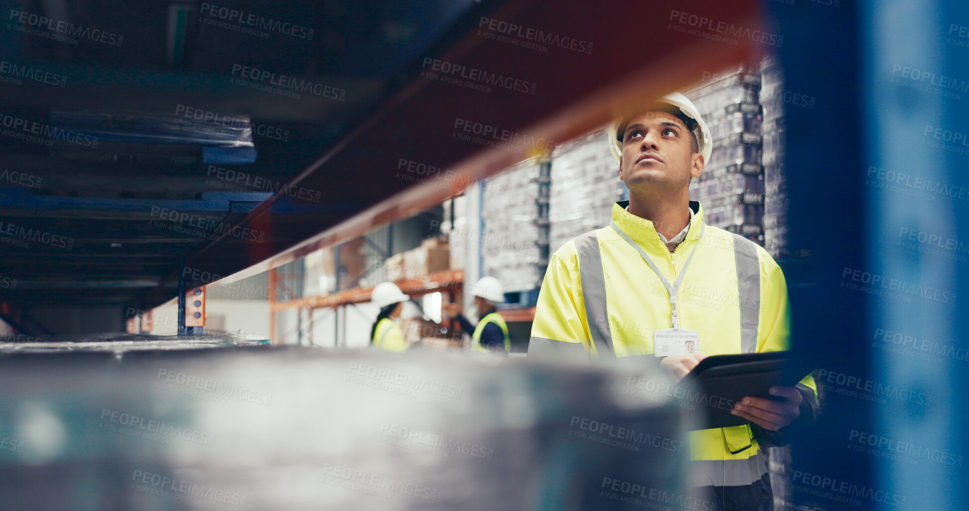 Buy stock photo Logistics, checklist and man with tablet, stock and engineer in warehouse, inventory and shipping. Storage, digital and app for supply chain, online and delivery of cargo, helmet and manufacturing