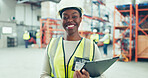 Shipping, clipboard and portrait of woman in warehouse for logistics, freight and distribution. Export, delivery and supply chain storage with checklist for customs compliance in inventory management