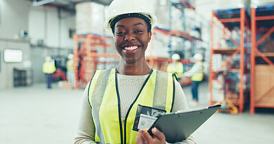 Buy stock photo Shipping, clipboard and portrait of woman in warehouse for logistics, freight and distribution. Export, delivery and supply chain storage with checklist for customs compliance in inventory management