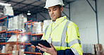 Distribution, tablet and supply chain with man in warehouse for logistics, freight or shipping. Export, delivery or cargo storage with digital checklist for customs compliance in inventory management