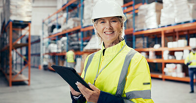 Buy stock photo Logistic, mature woman and portrait with tablet for warehouse, quality control or stock management. Engineer, tech and maintenance in freight, supply chain or factory at shipping company in Australia