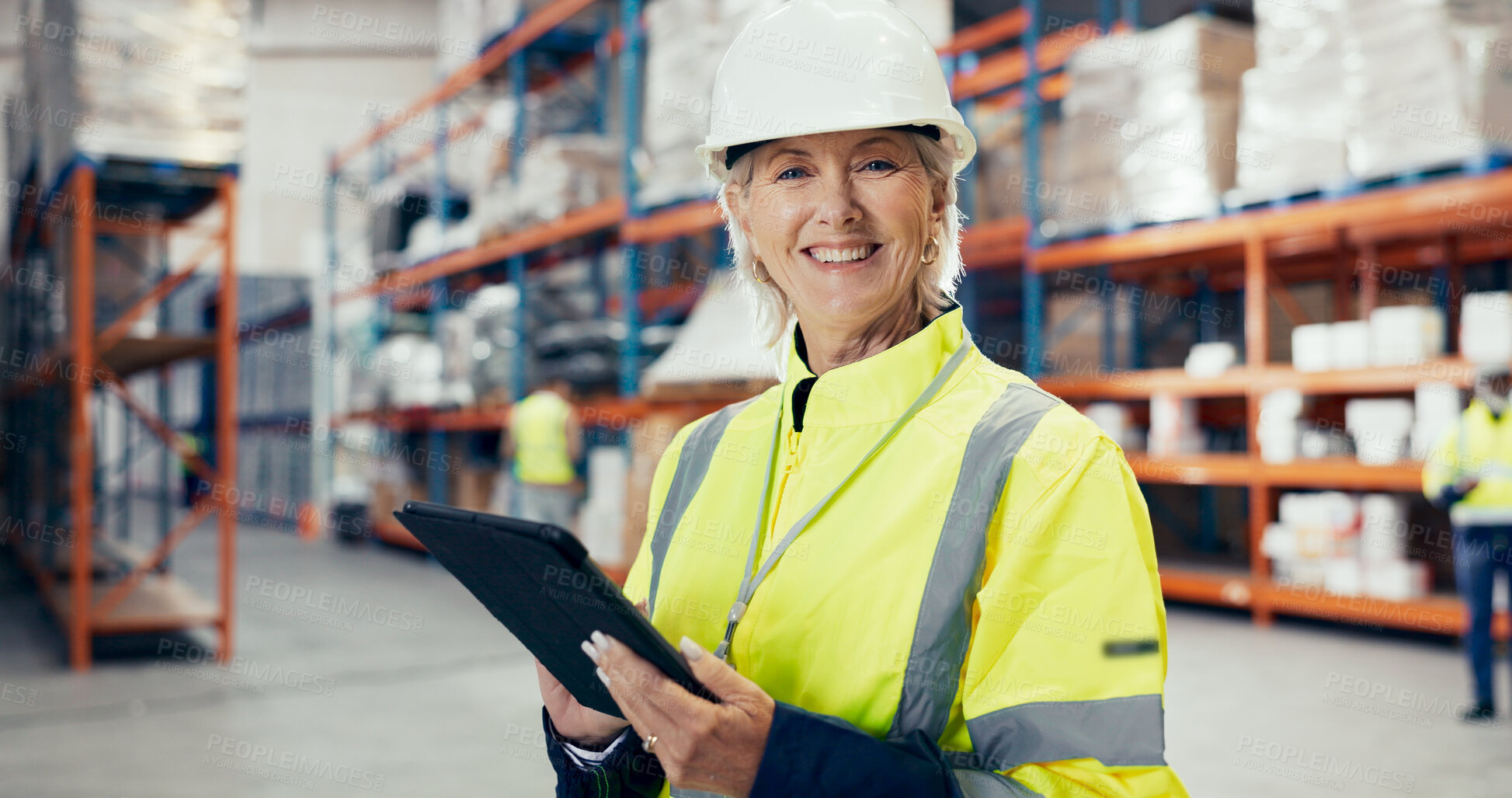 Buy stock photo Logistic, mature woman and portrait with tablet for warehouse, quality control or stock management. Engineer, tech and maintenance in freight, supply chain or factory at shipping company in Australia