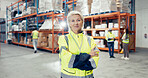 Logistics, woman and portrait in warehouse with confidence, coordination and distribution. Mature manager, arms crossed and pride in storage facility with team, export and shipping in supply chain