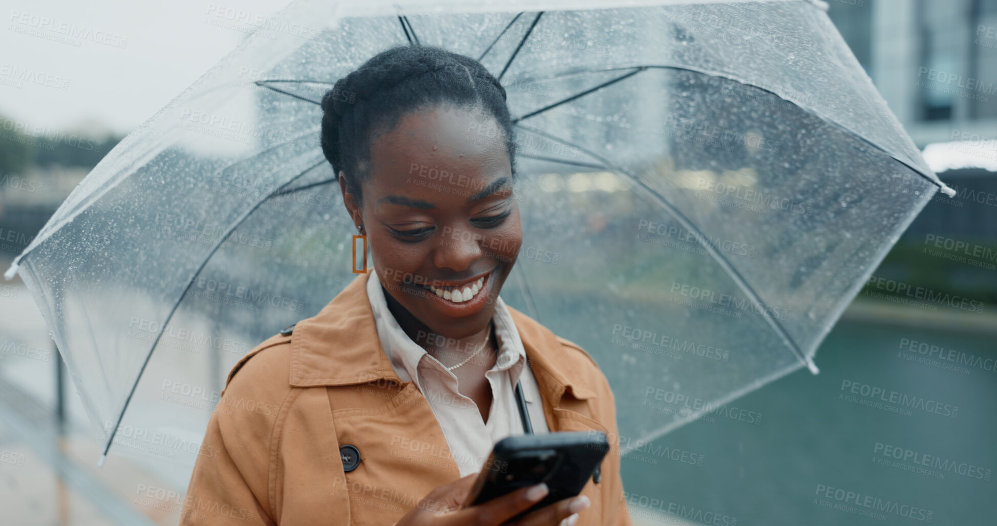 Buy stock photo Business, black woman and phone with umbrella for rain weather, communication and social media of security. Smile, female person and mobile for texting, search location and taxi app of travel outdoor