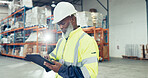 Man, thinking and tablet in warehouse for inspection, inventory check or stock management checklist. Logistics, planning and mature supervisor with tech for shipping order, quality control or courier